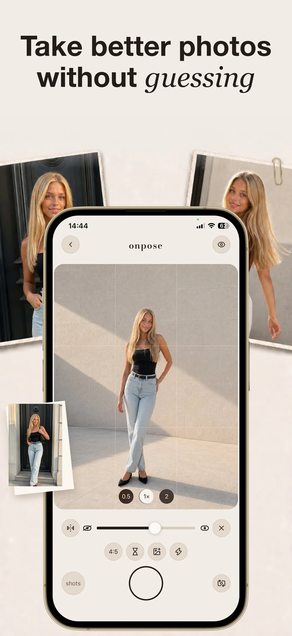 App Store screenshot: “Take better photos without guessing”, the Onpose camera with a pose.