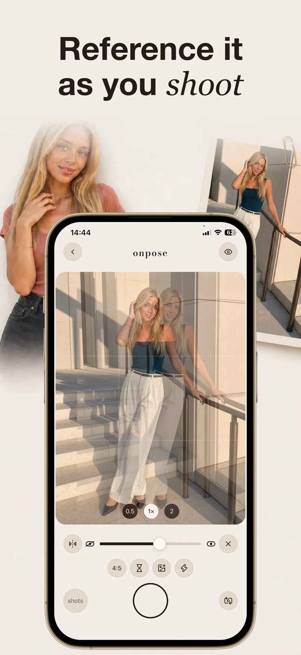App Store screenshot: “Reference it as you shoot”, a pose shown over the live camera.