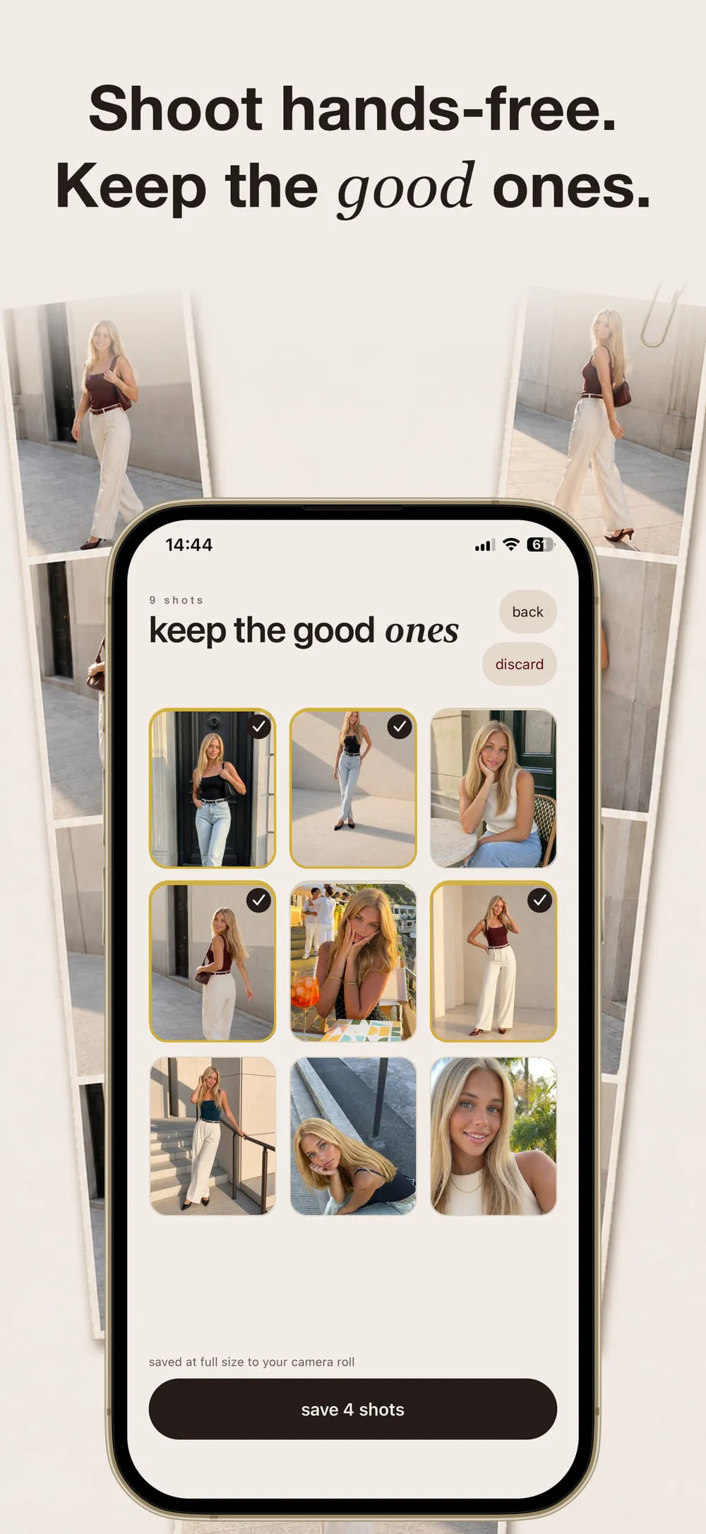 App Store screenshot: “Shoot hands-free. Keep the good ones.”, the burst review screen.